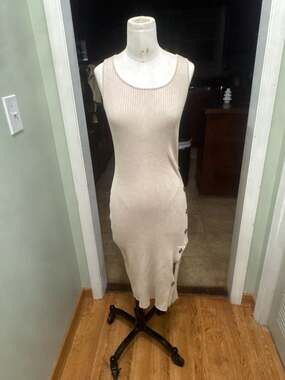 Olive + Oak Ribbed Knit Side Button Midi Tank Dress in Oatmeal